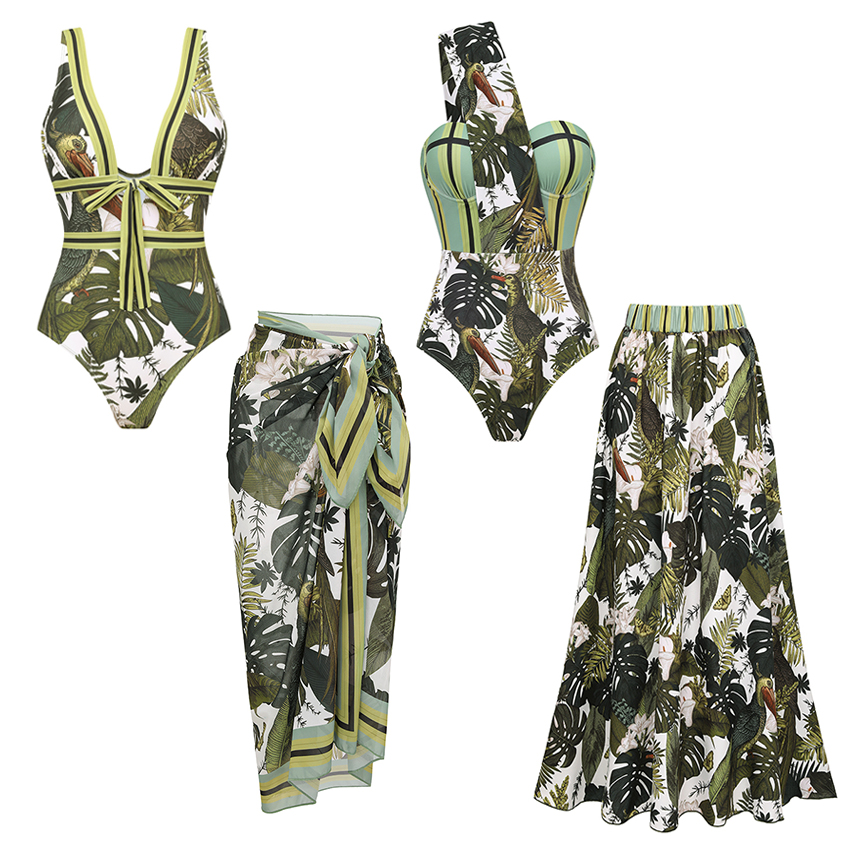 One Shoulder Striped and Leaves Print Swimsuit Set(s)