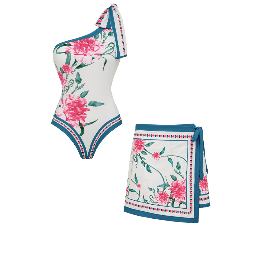 [Copy]One-Shoulder Blue And White Flower Print Swimsuit Set(s)