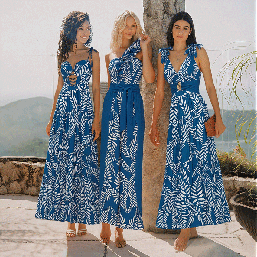 Tie-shoulder Blue Leaves Print Swimsuit Set(s)