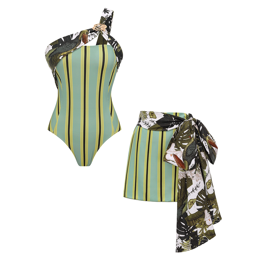 One Shoulder Striped Print Swimsuit Set(s)