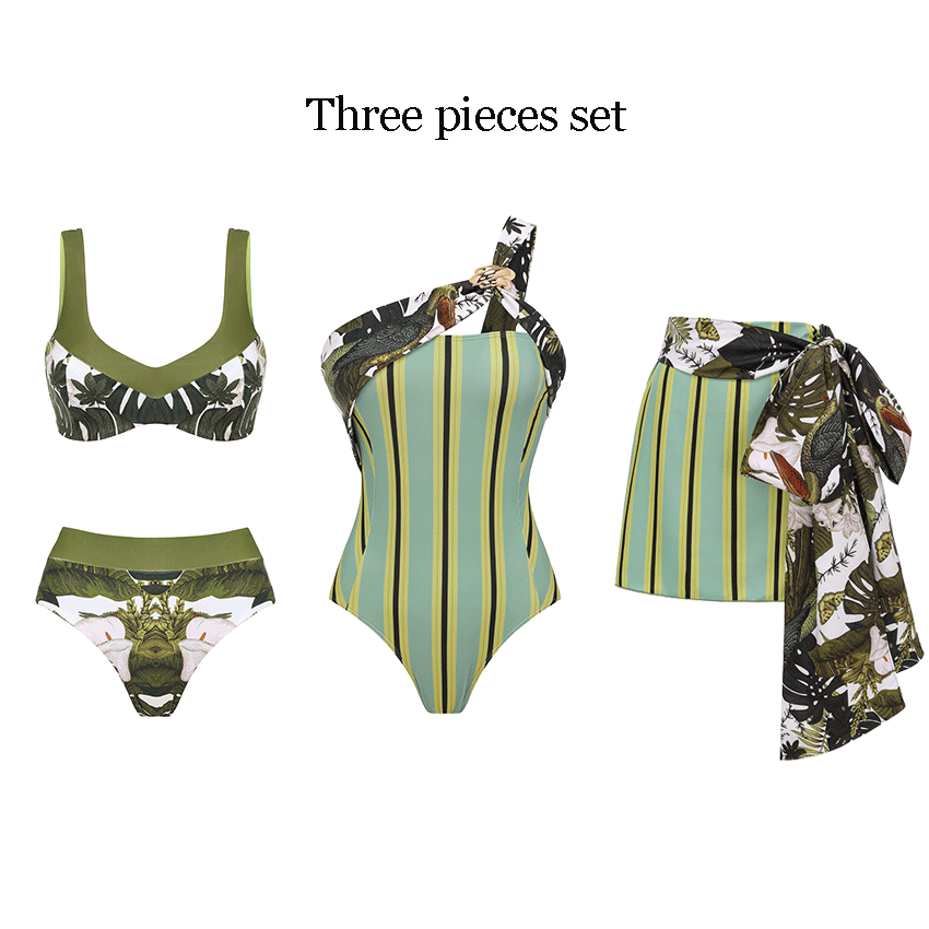 One Shoulder Striped Print Swimsuit Set(s)