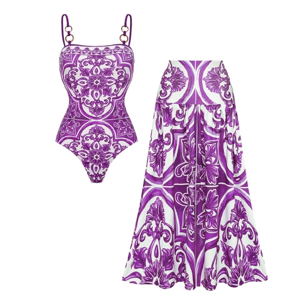 Sling Classic Majolica Series Pattern Print One Piece Swimsuit and Skirt or Shorts