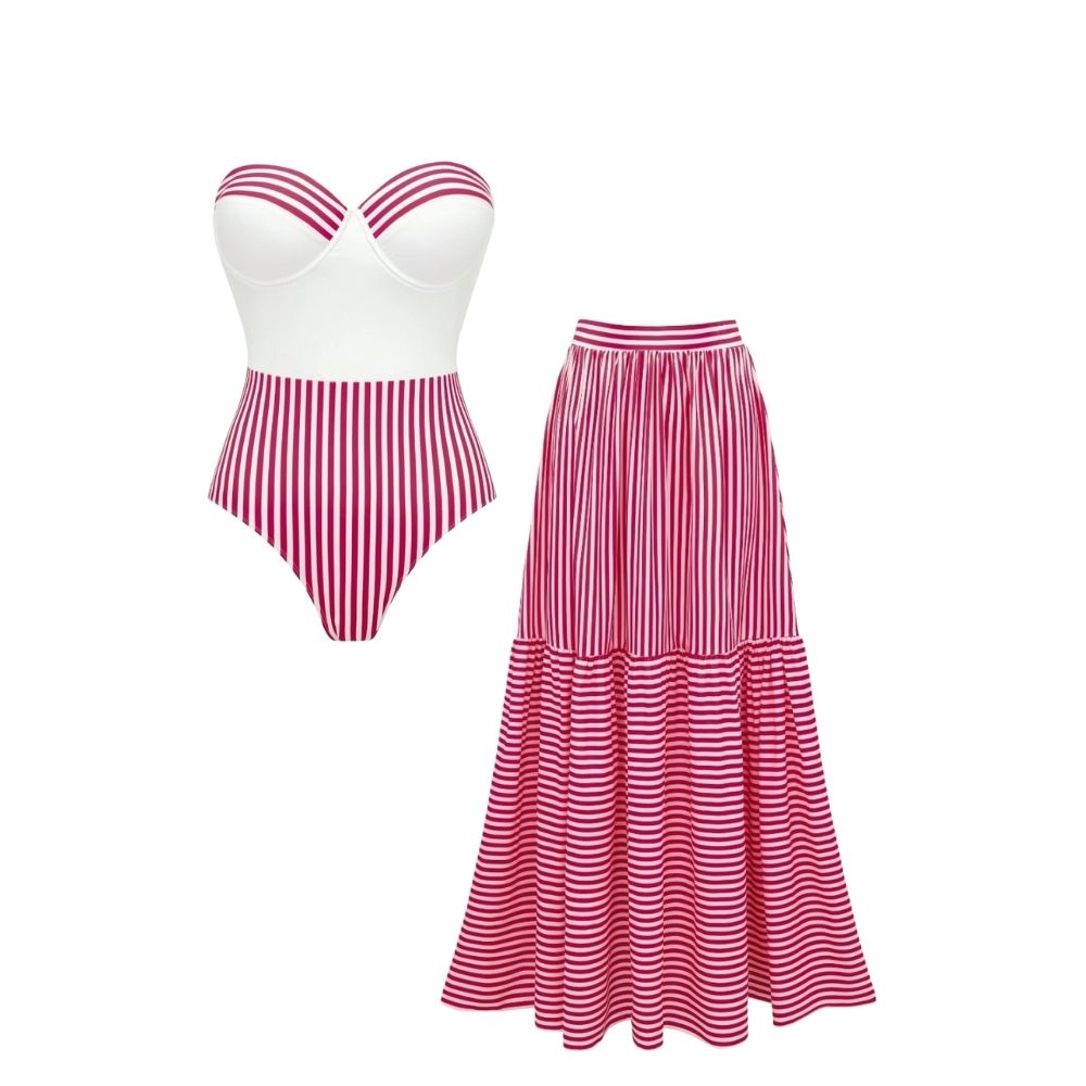Bandeau Striped Print One Piece Swimsuit and Skirt