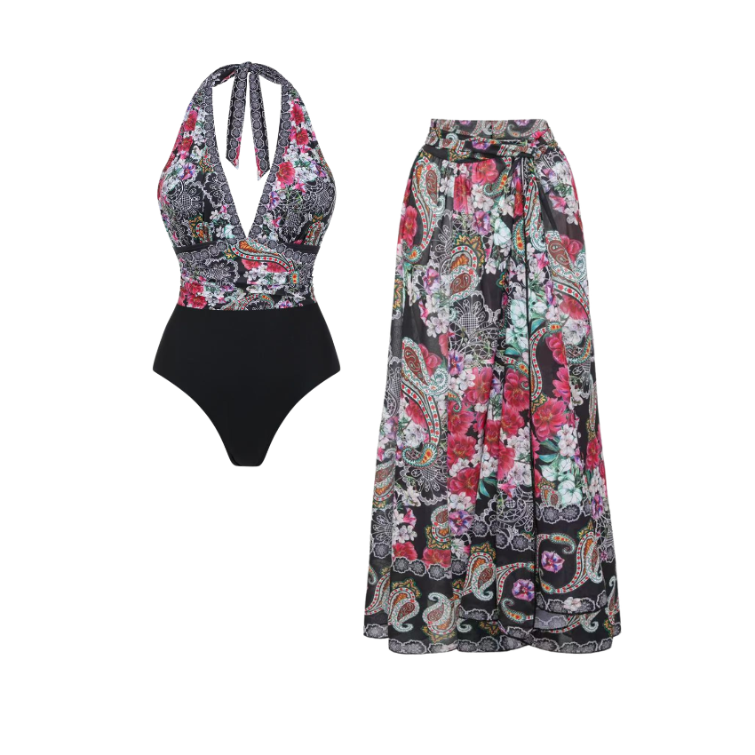 Black Cashew Flower Print Swimsuit Set(s)
