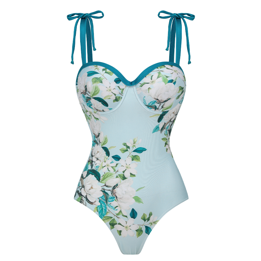 Light Cyan Flower Print Tie-shoulder Swimsuit Set(s)
