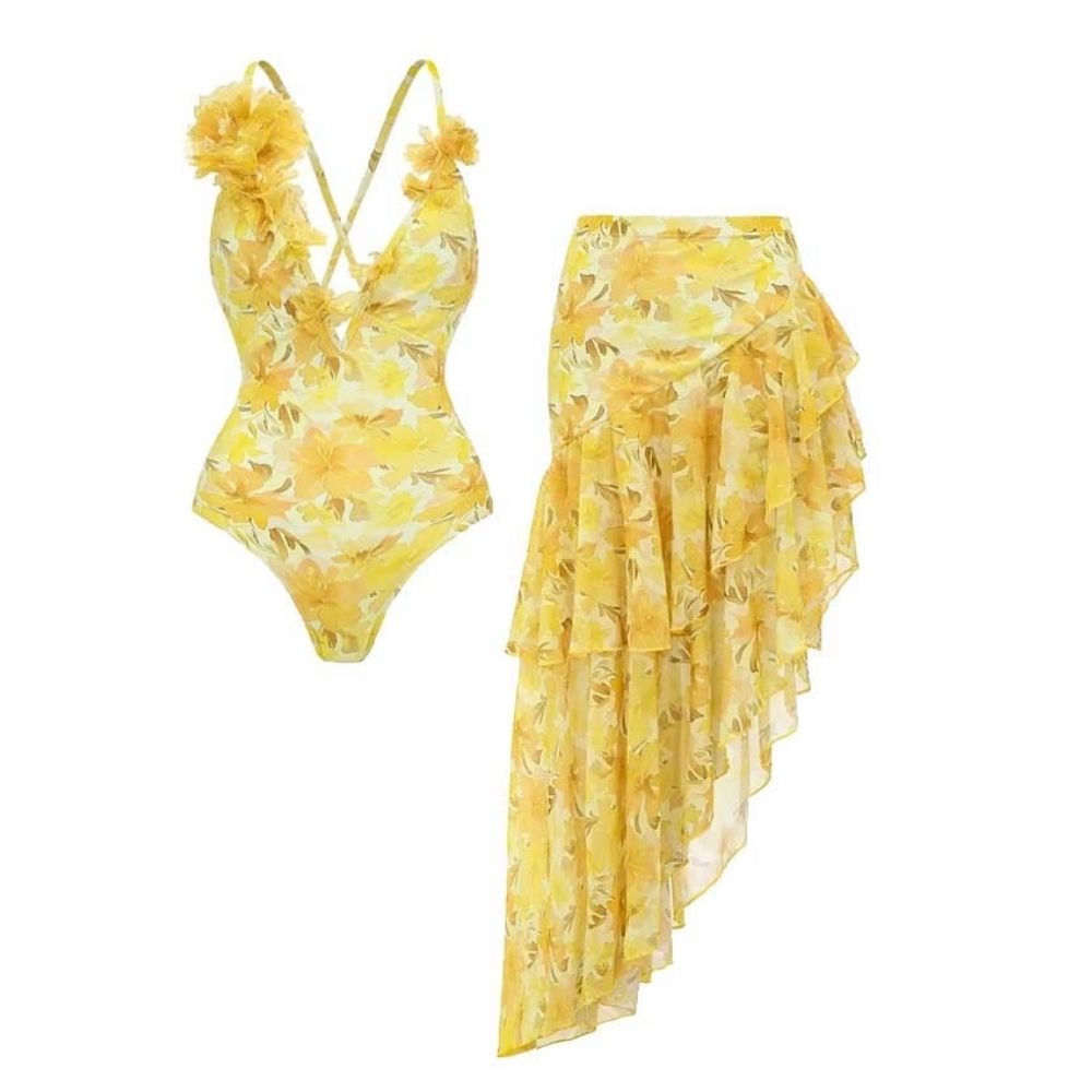 Appliques Yellow Lily Floral Print One Piece Swimsuit and Sarong
