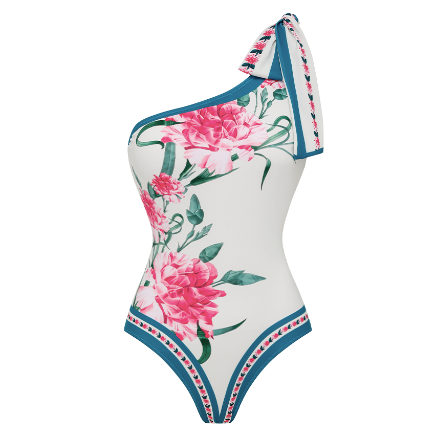 [Copy]One-Shoulder Blue And White Flower Print Swimsuit Set(s)