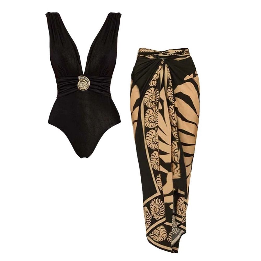 Black V-Neck Conch Decoration One Piece Swimsuit and Sarong