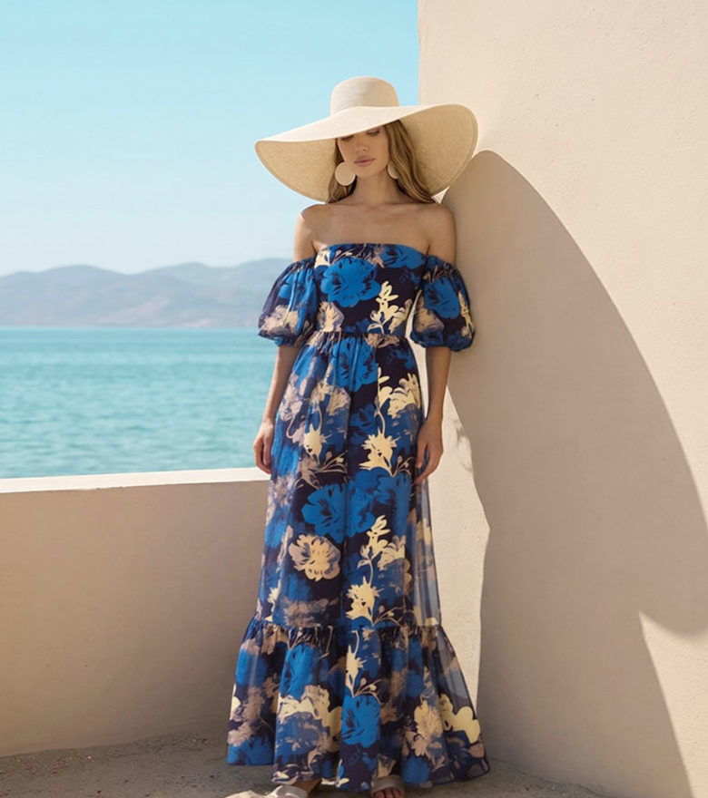 Organza off-the-shoulder printed dress