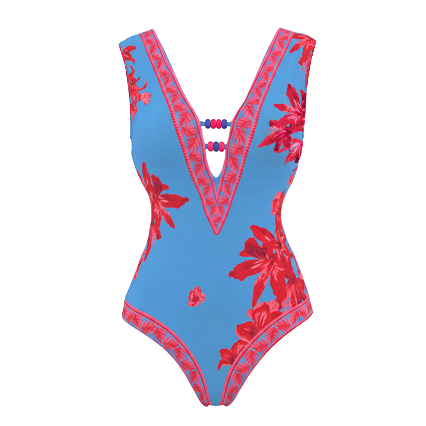 [Copy]V Neck Pale Pink Ombre Flower Print Swimsuit Set(s)