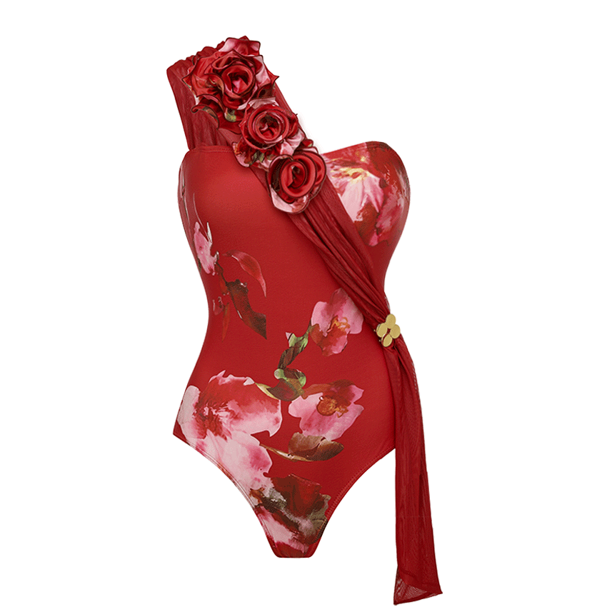 3D Flower One Shoulder Print Swimsuit Set(s)