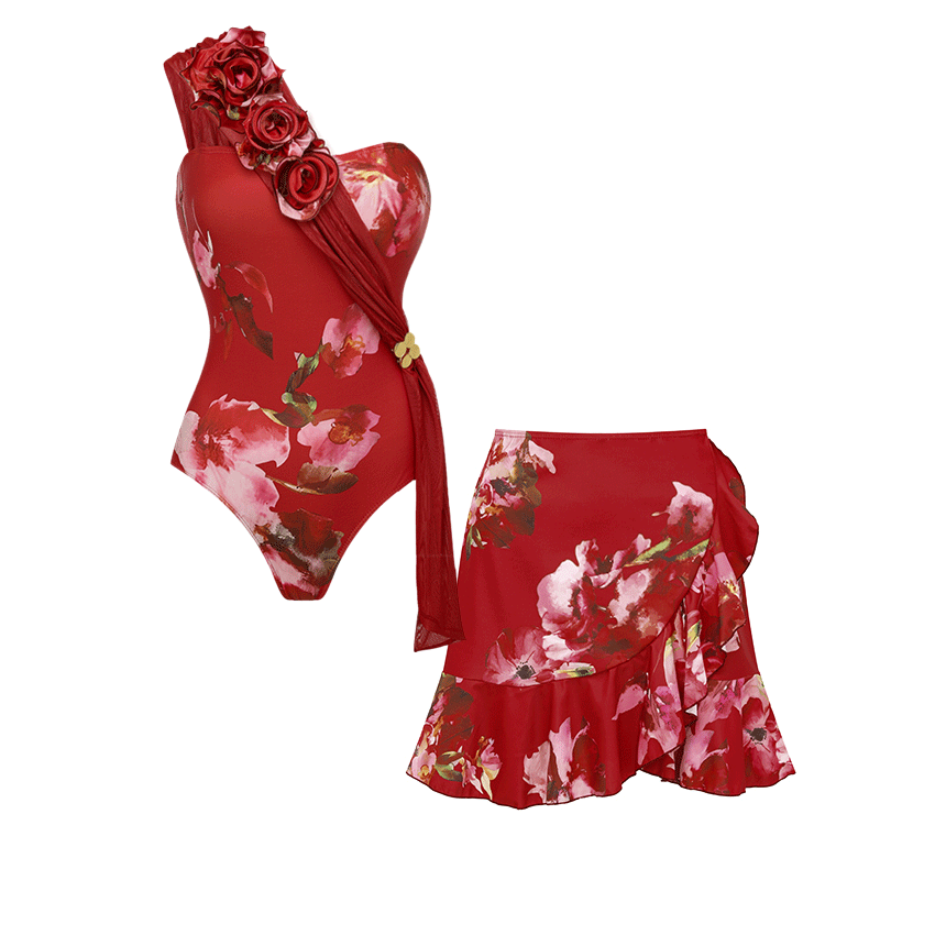 3D Flower One Shoulder Print Swimsuit Set(s)