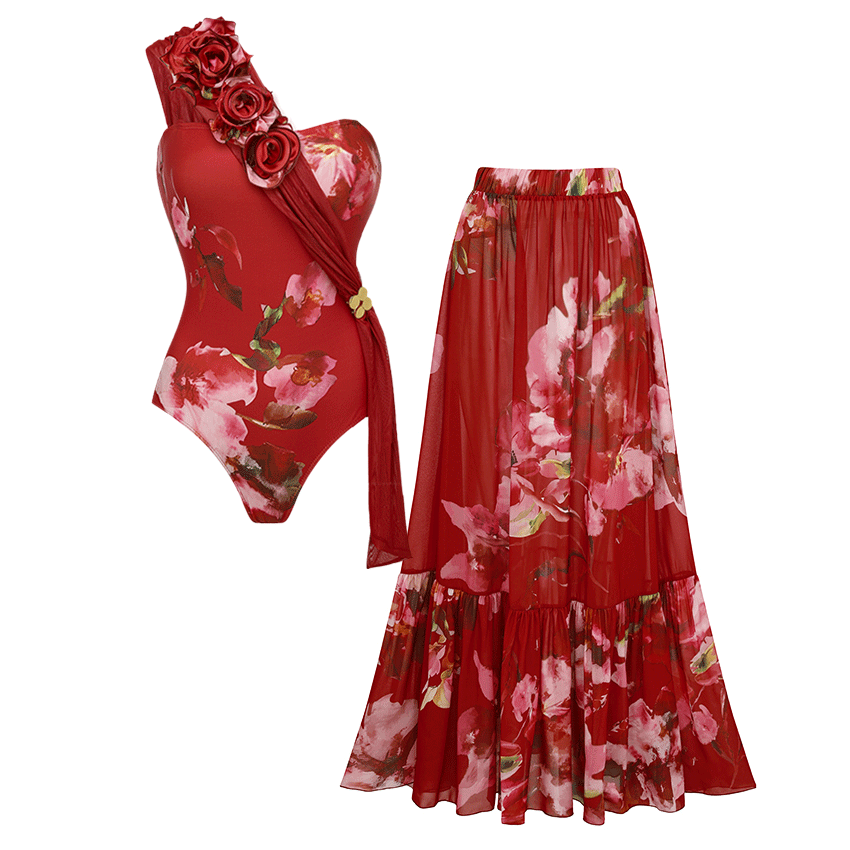 3D Flower One Shoulder Print Swimsuit Set(s)