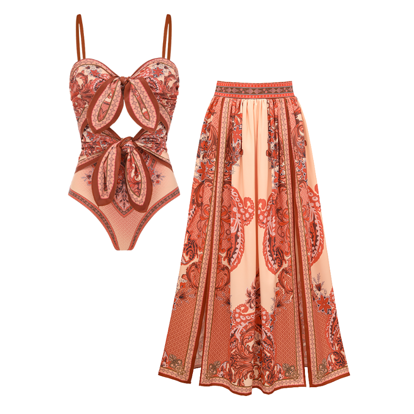 Bow-detailed Paisley Print Swimsuit set(s)