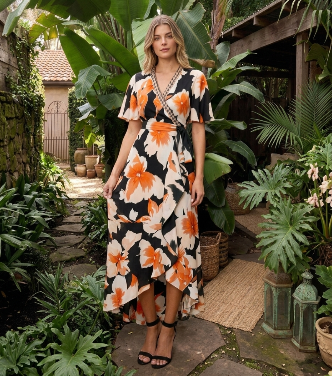 Orange Floral Print Flutter Sleeve Belted Wrap Ruffle Midi Dress
