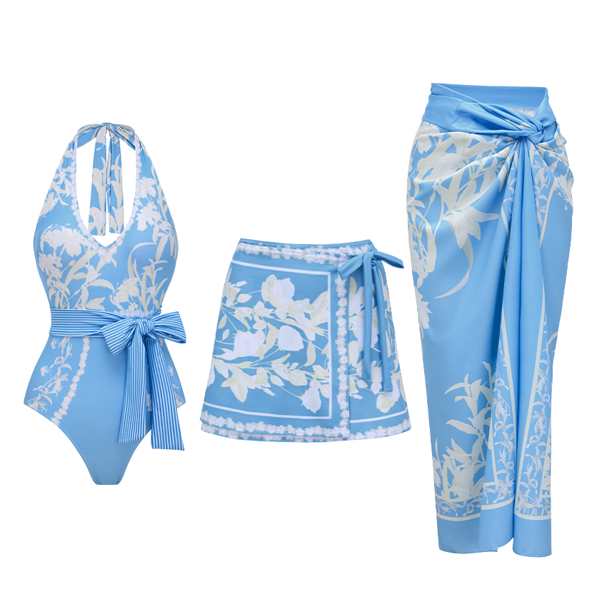 [Copy]V Neck Blue Violet Flower Print Swimsuit Set(s)