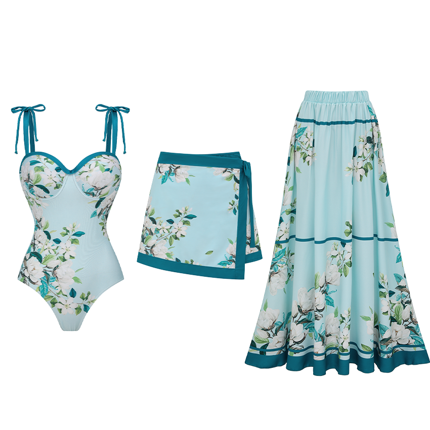 Light Cyan Flower Print Tie-shoulder Swimsuit Set(s)