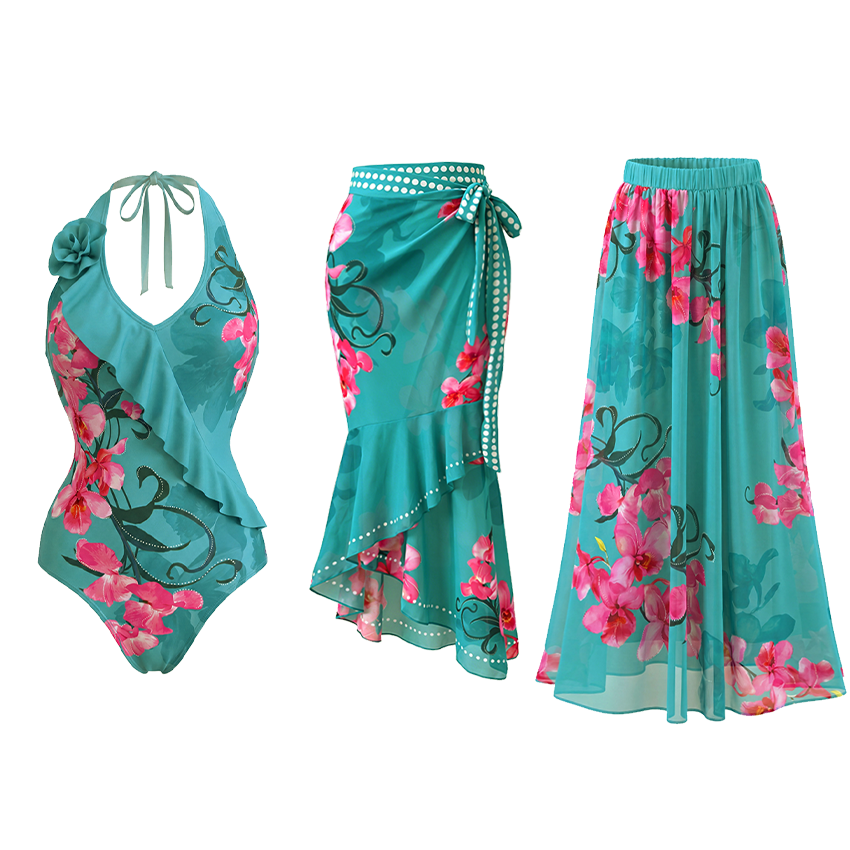 [Copy]Blue-Pink-Orange Gradient Beaded Braided Floral Swimsuit Set(s)