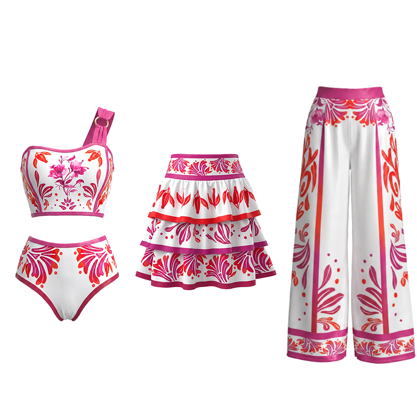 One-Shoulder Fuchsia & Coral Print Floral Two-Piece Swimsuit Set(s)