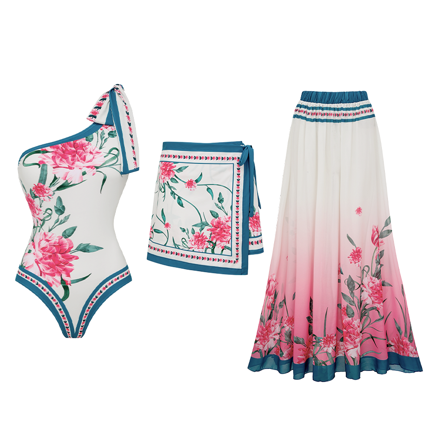 [Copy]One-Shoulder Blue And White Flower Print Swimsuit Set(s)