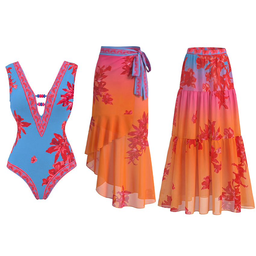 [Copy]V Neck Pale Pink Ombre Flower Print Swimsuit Set(s)