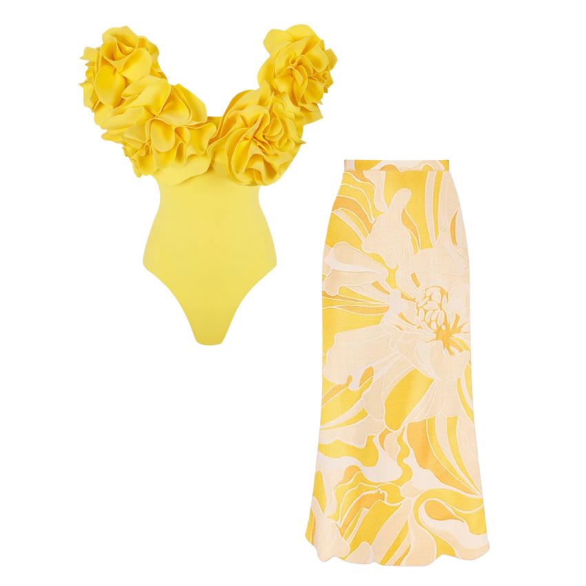 3D Flowers Decor One Piece Swimsuit and Skirt Flaxmaker