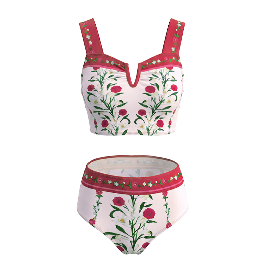 [Copy]Black Beige And Orange Floral Print Two-Piece Swimsuit Set(s)