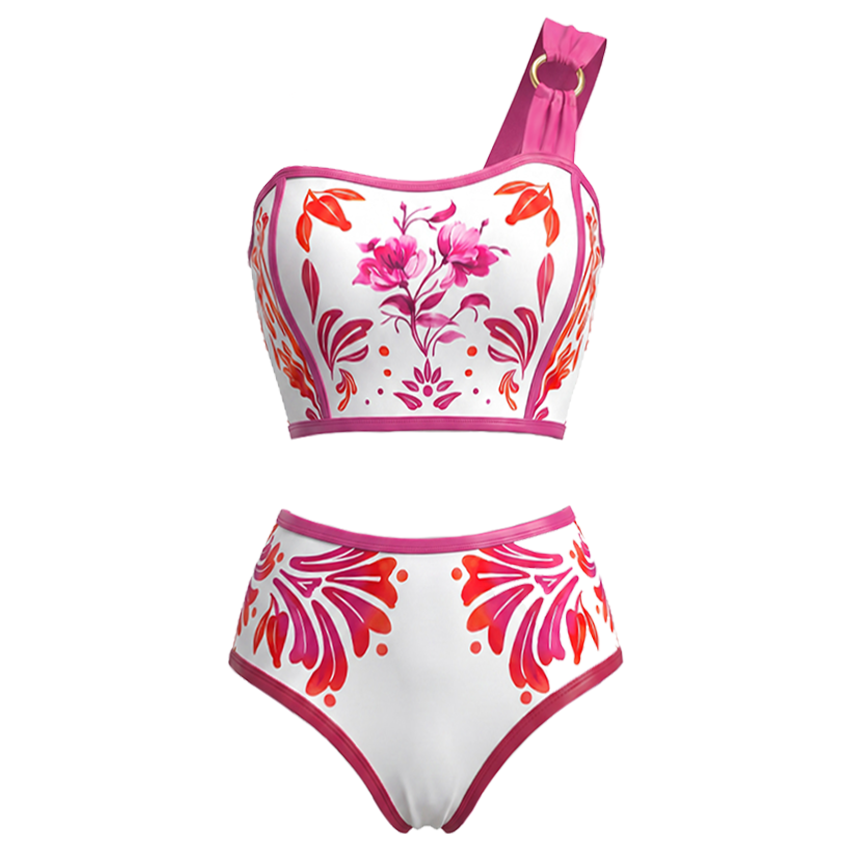 One-Shoulder Fuchsia & Coral Print Floral Two-Piece Swimsuit Set(s)