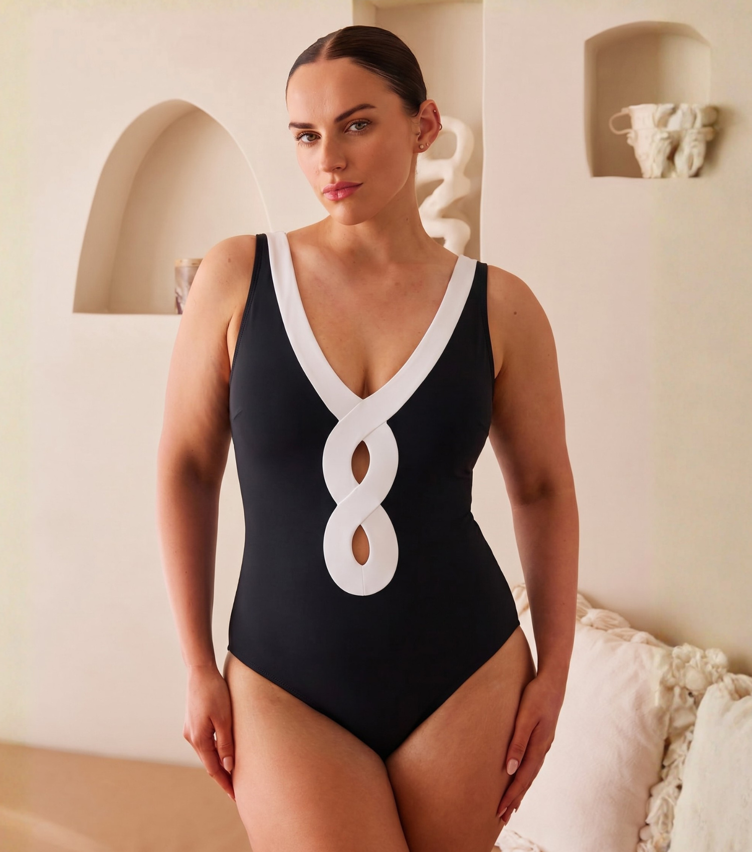 Plus Size Cutout V Neck Color Block One Piece Swimsuit And Sarong Flaxmaker
