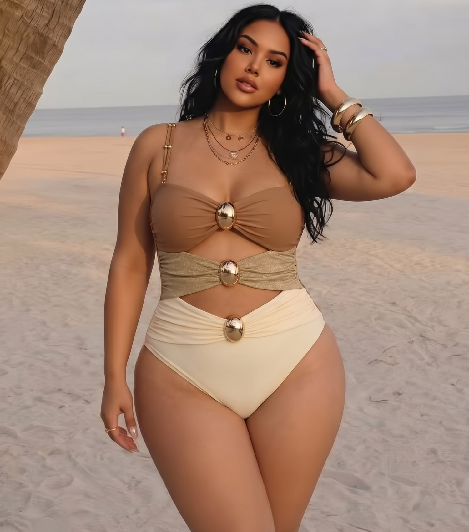 Plus Size Color Block Cutout One Piece Swimsuit and Sarong