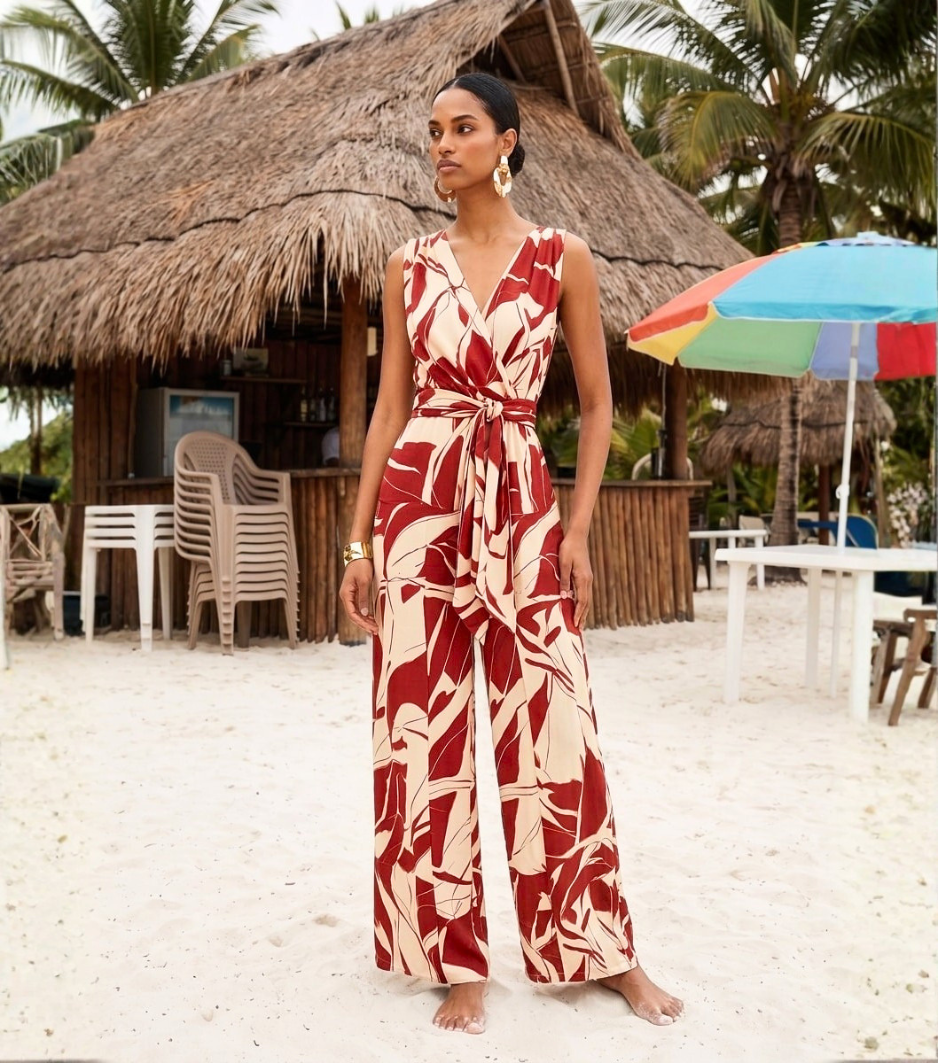 Red Abstract Leaf Wrap Tie Waist Jumpsuit