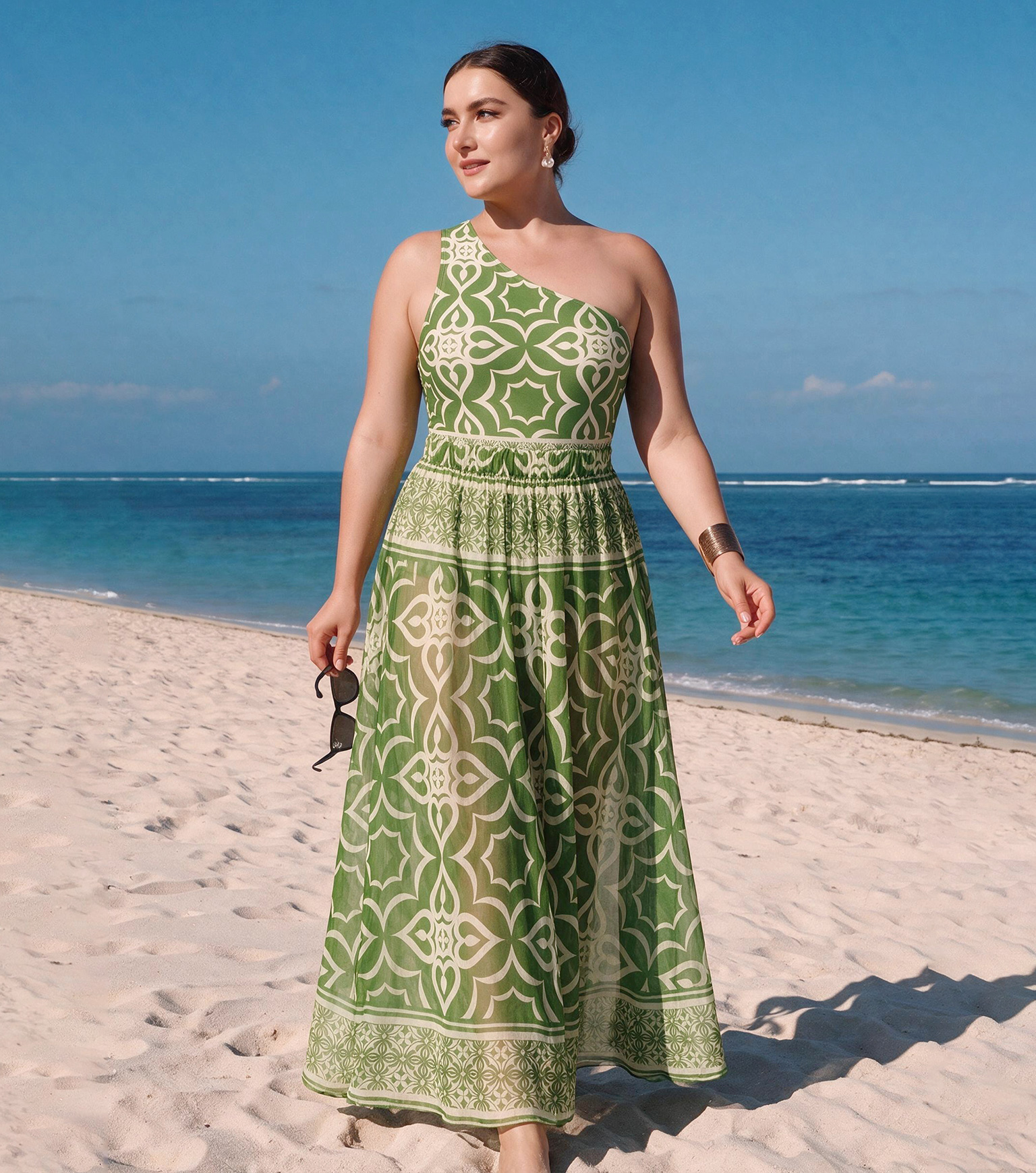Plus Size One Shoulder Retro Print One Piece Swimsuit and Skirt