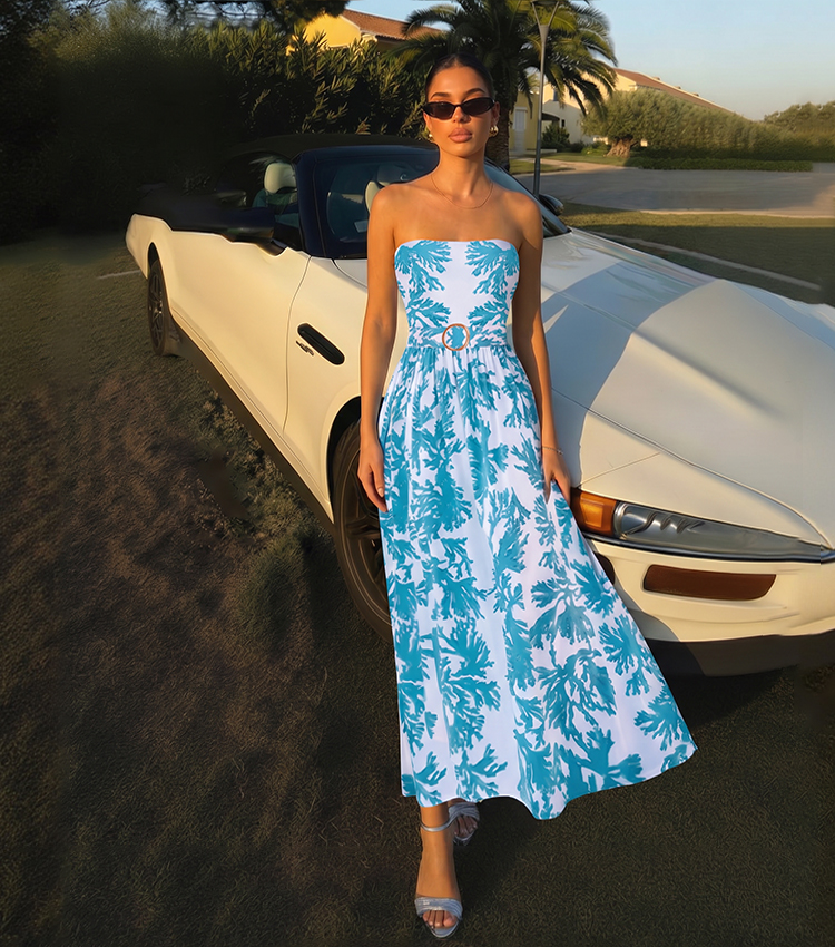 Bandeau Blue Printed Belt Decorate Swimsuit Set(s)