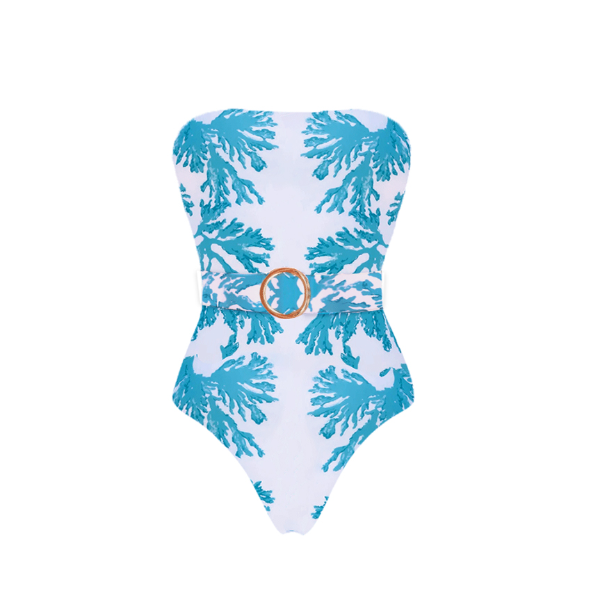 Bandeau Blue Printed Belt Decorate Swimsuit Set(s)