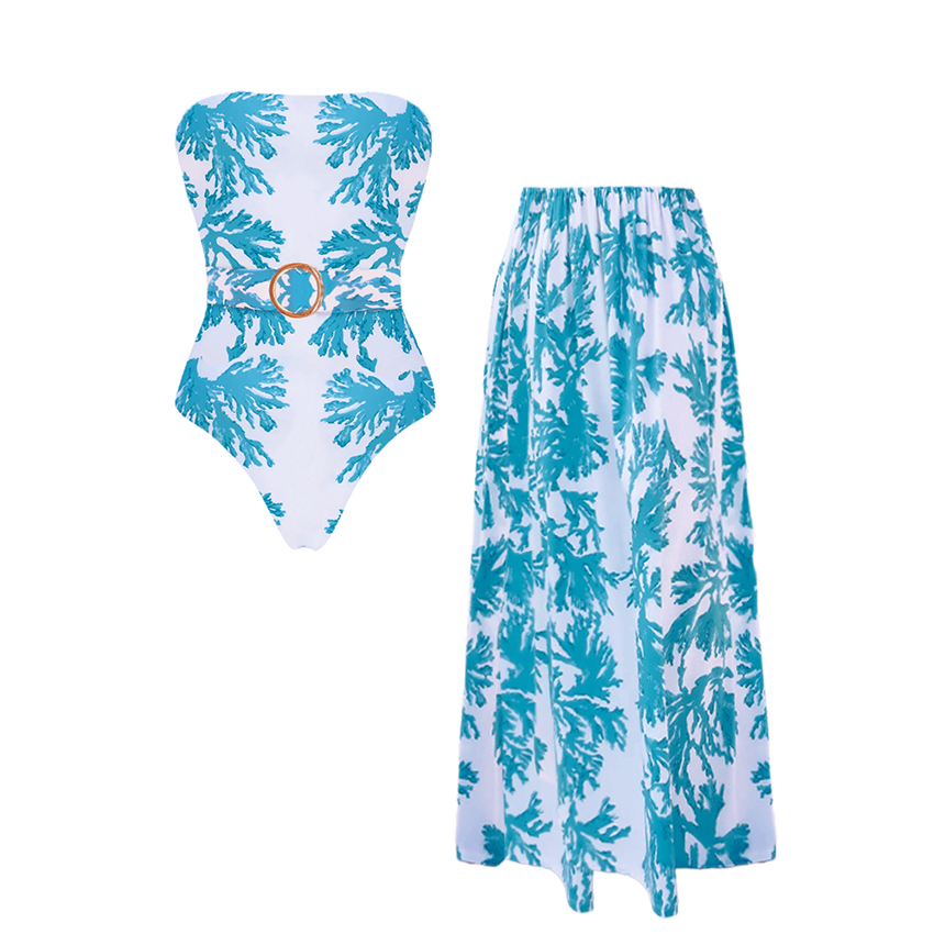 Bandeau Blue Printed Belt Decorate Swimsuit Set(s)