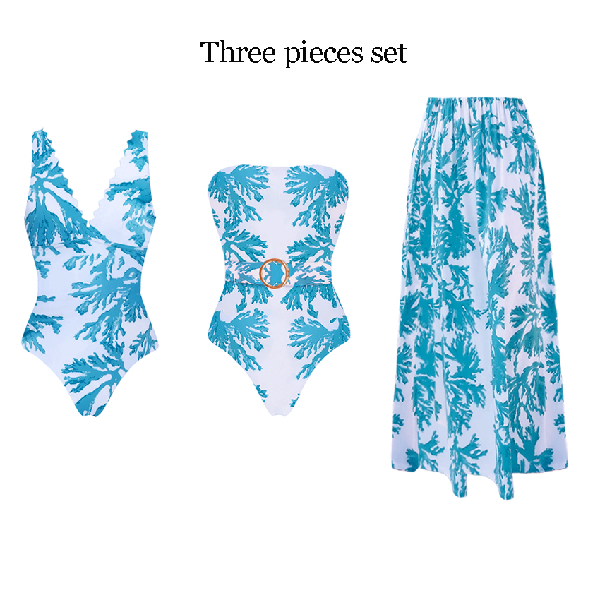 Bandeau Blue Printed Belt Decorate Swimsuit Set(s)