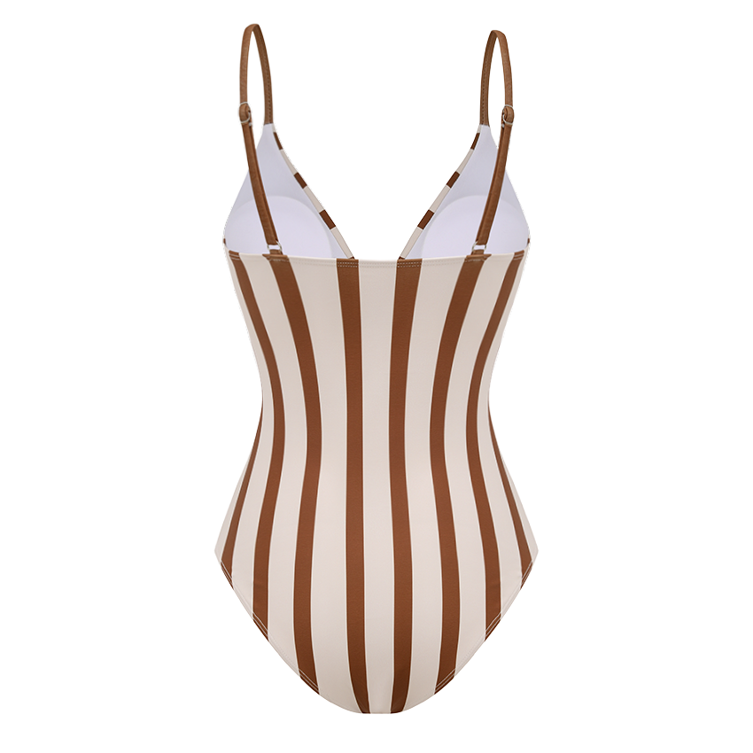 V-neck Brown stripes Print Swimsuit Set(s)