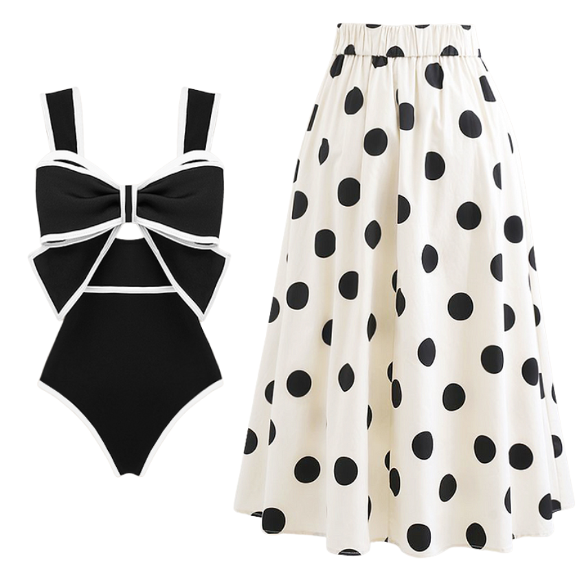 Black and White Bow Decor One Piece Swimsuit and Skirt Flaxmaker