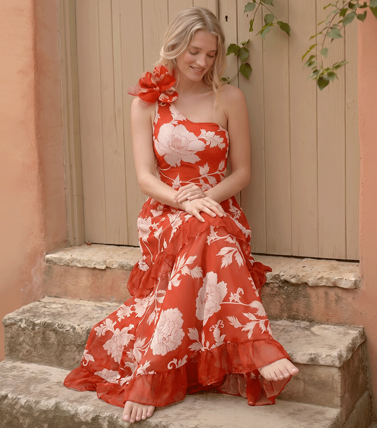 One Shoulder 3D Flower Red Print Swimsuit Set(s)