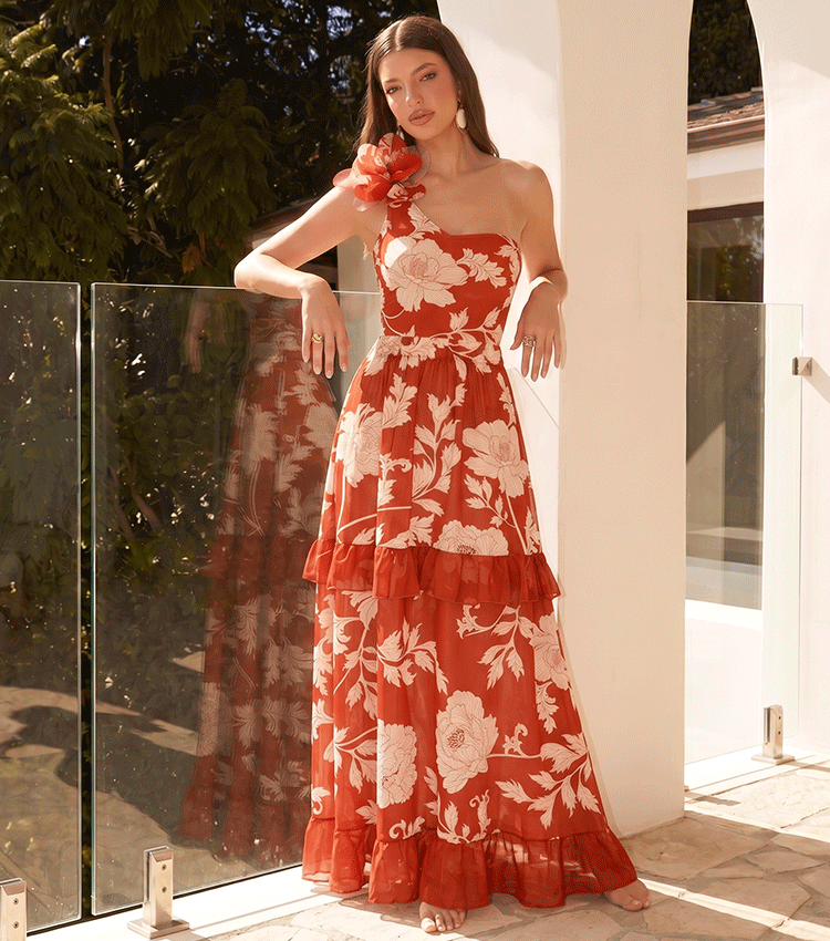 One Shoulder 3D Flower Red Print Swimsuit Set(s)