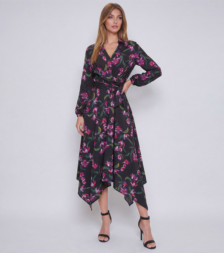 Asymmetrical Hem Printed Wrap Dress