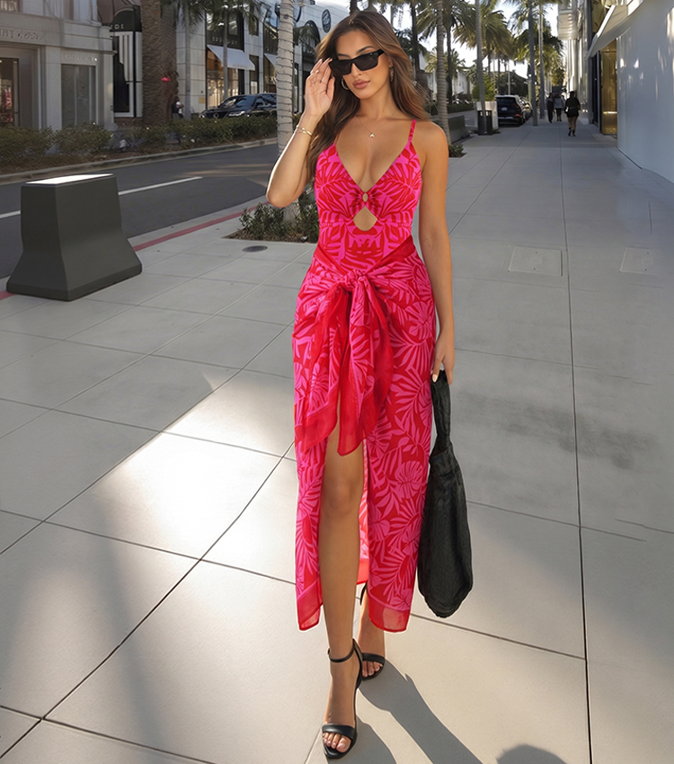 Adjustable shoulder straps Red Print Cut Out Swimsuit Set(s)