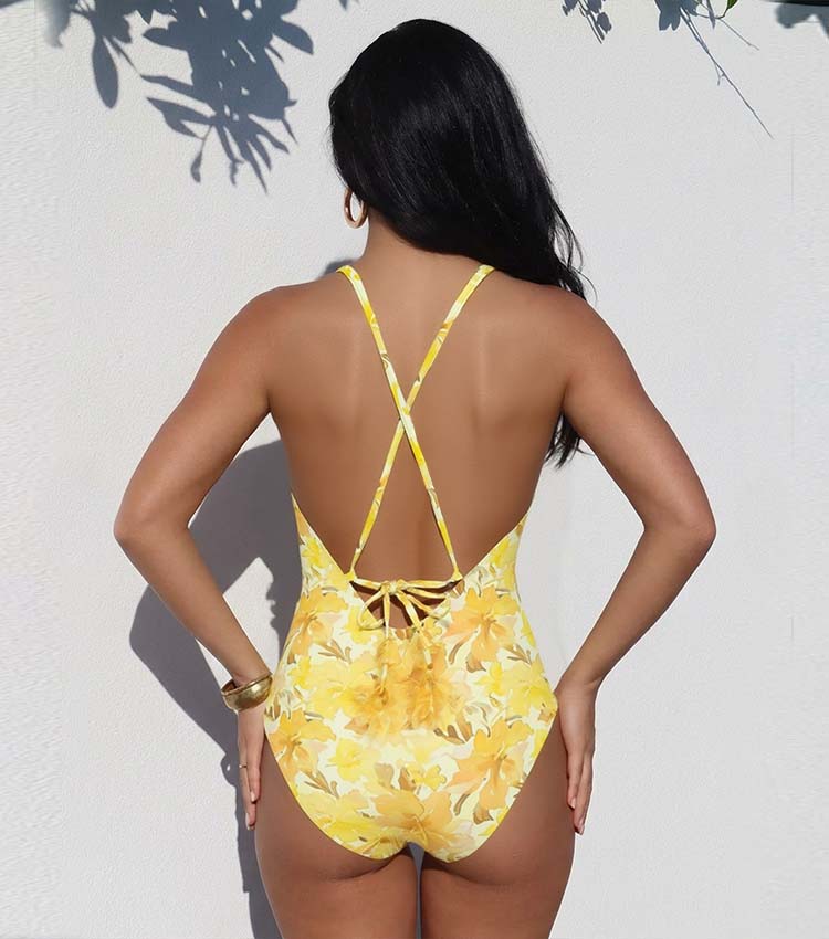 Appliques Yellow Lily Floral Print One Piece Swimsuit and Skirt