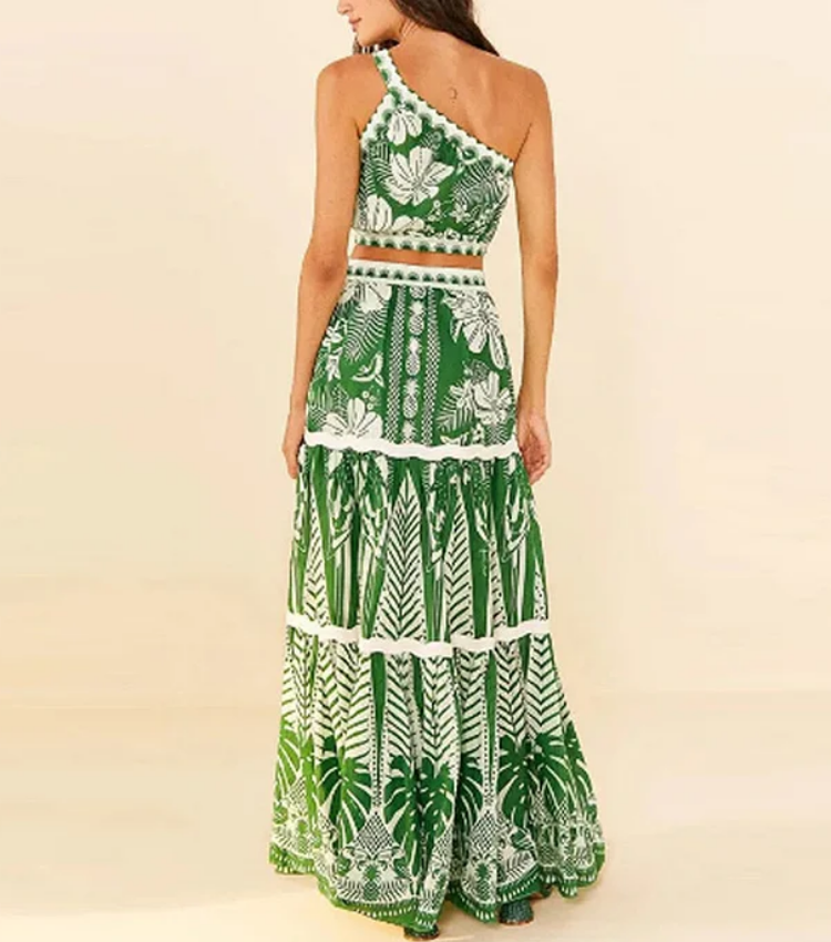 One Shoulder Green Flower Printed Bikini Swimsuit and Skirt