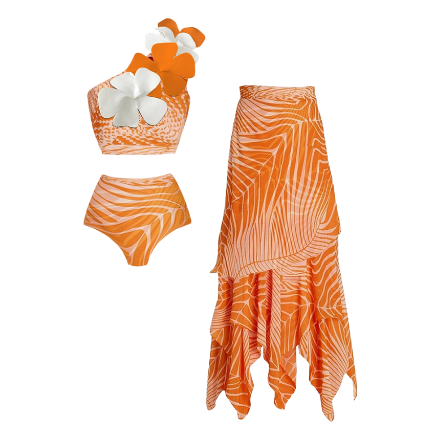 3D Flower High Waist Bikini Swimsuit and Skirt Flaxmaker