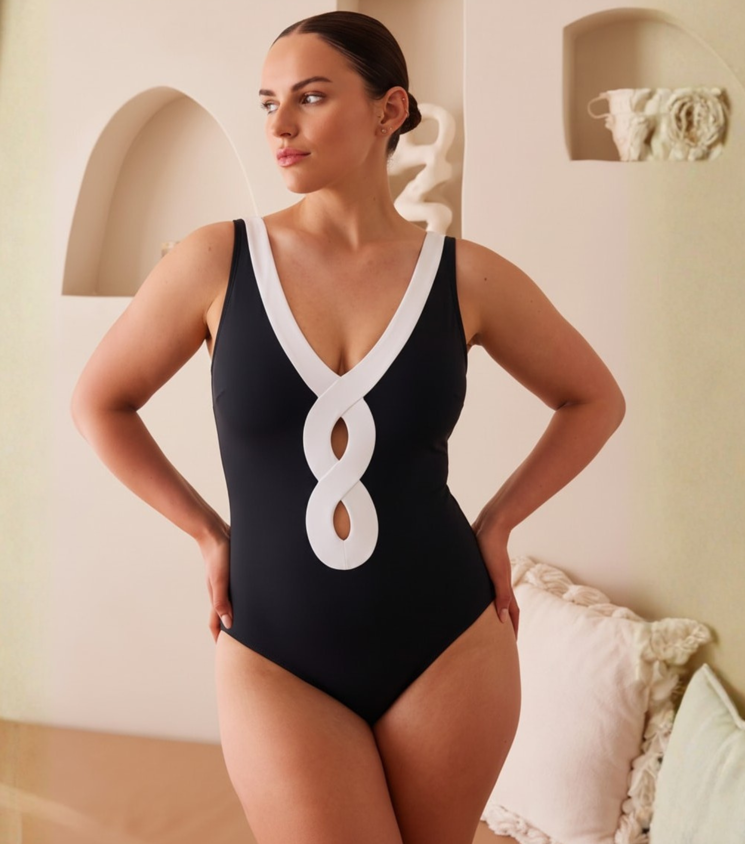 Plus Size Cutout V Neck Color Block One Piece Swimsuit And Sarong Flaxmaker