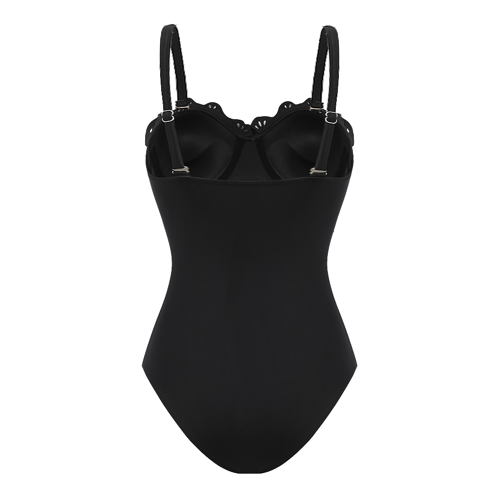 Black Laser Cut Hollow One Piece Swimsuit and Skirt