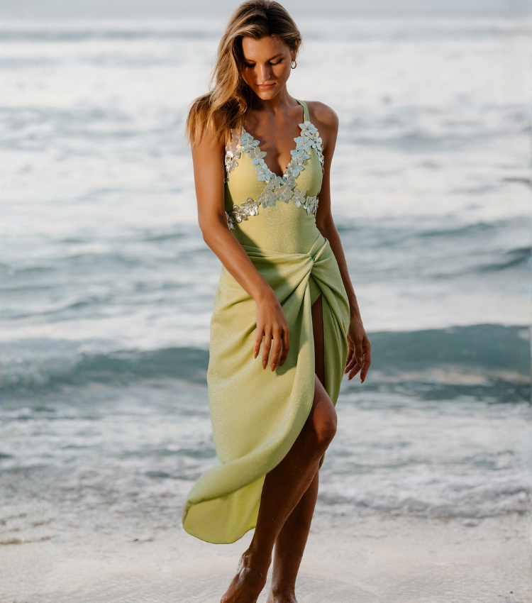 3D Leather Flower V-neck Cross Straps Shimmering Fabric One Piece Swimsuit and Sarong