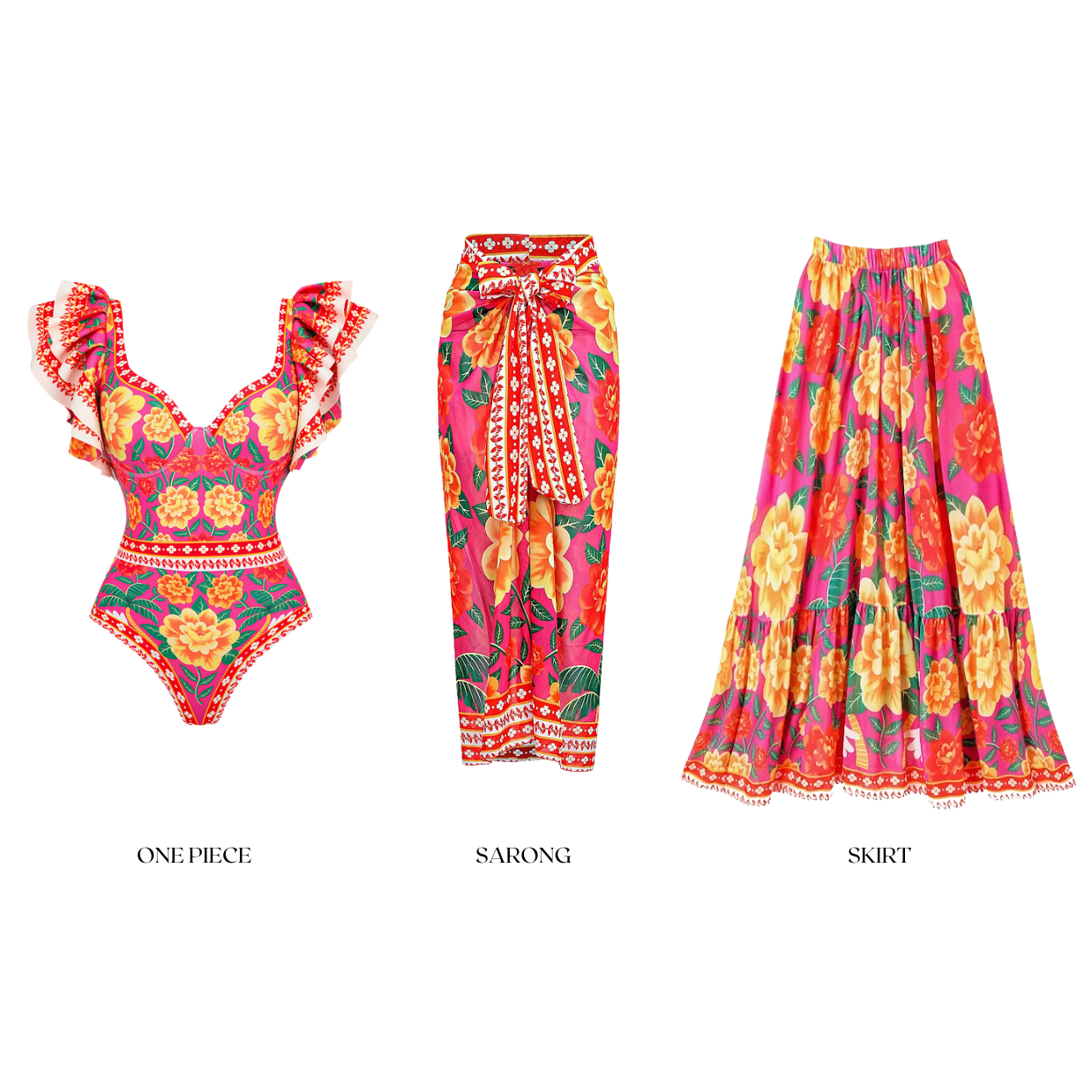 Ruffled Contrast Print One Piece Swimsuit and Sarong Flaxmaker