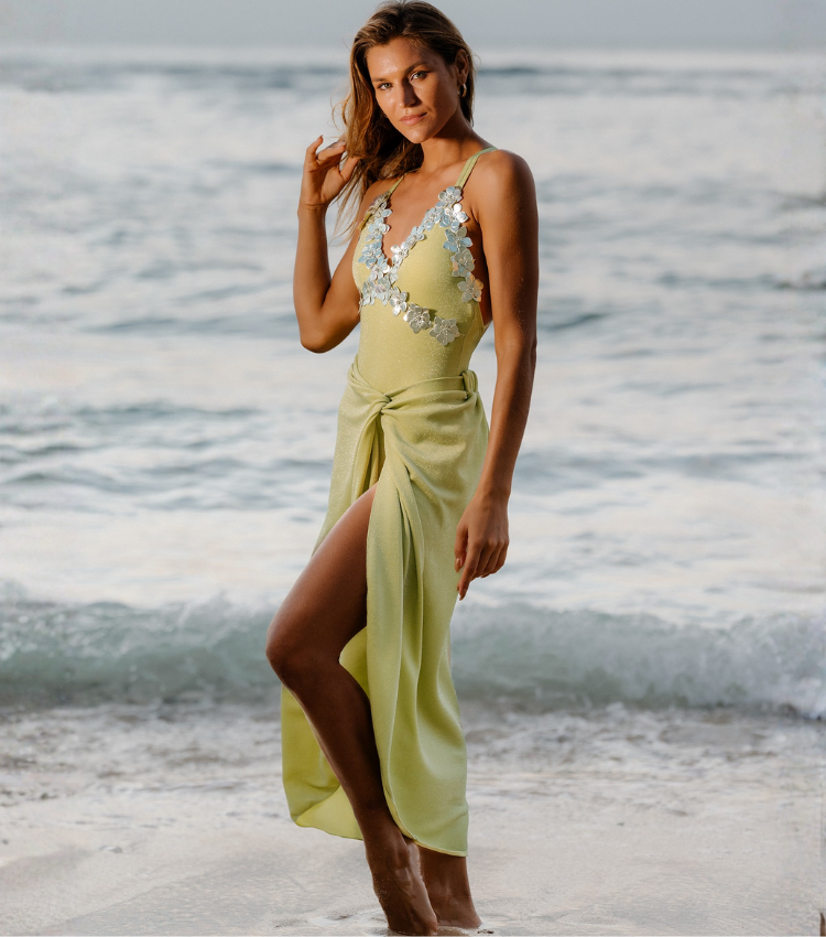 3D Leather Flower V-neck Cross Straps Shimmering Fabric One Piece Swimsuit and Sarong